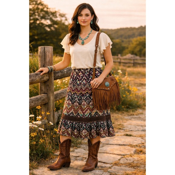 Harold's Dresses & Skirts - Harold's Silk Tiered Midi Skirt Women 2 Brown Western Boho Artsy Crochet Trim